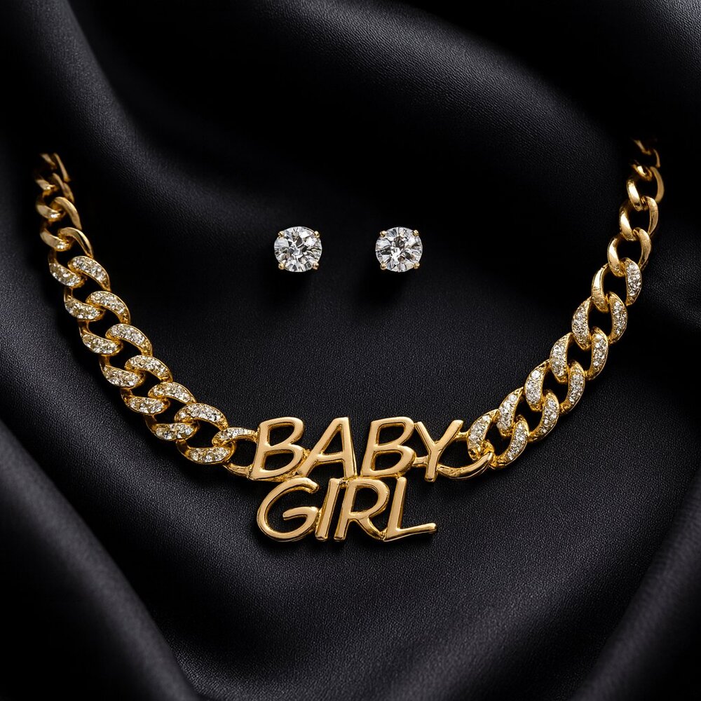 Aaliyah Gold Cuban Link Necklace Set – “BABY GIRL” Pendant & Sparkle Studs